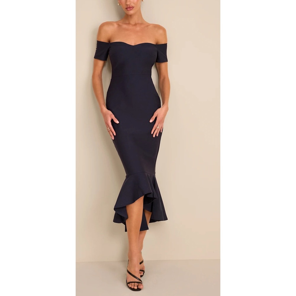 NWT Lulus How Much I Care Midnight Blue Off-the-Shoulder Midi Dress Size Medium